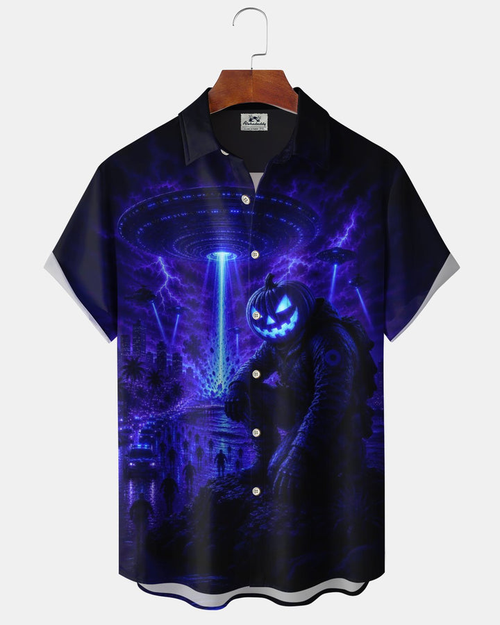 Alohadaddy® Holiday/Halloween Print Button-Down Short-Sleeve Shirt with Pocket