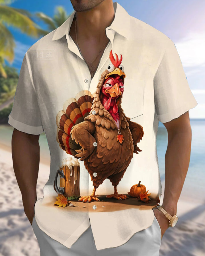 Alohadaddy® Holiday Thanksgiving Turkey Print Button-Down Pocket Cardigan-Style Men&