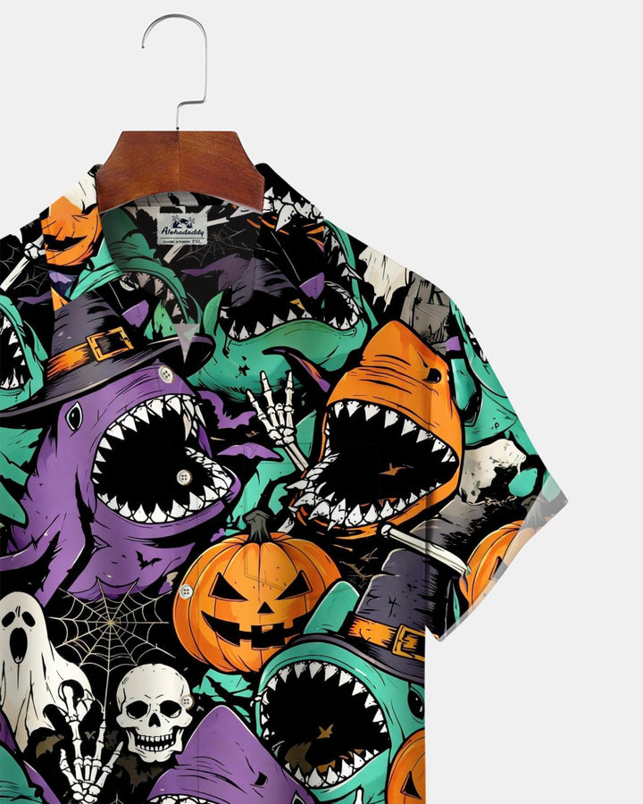 Alohadaddy® Holiday/Halloween Shark Print Button-Down Short-Sleeve Shirt with Pocket for Men