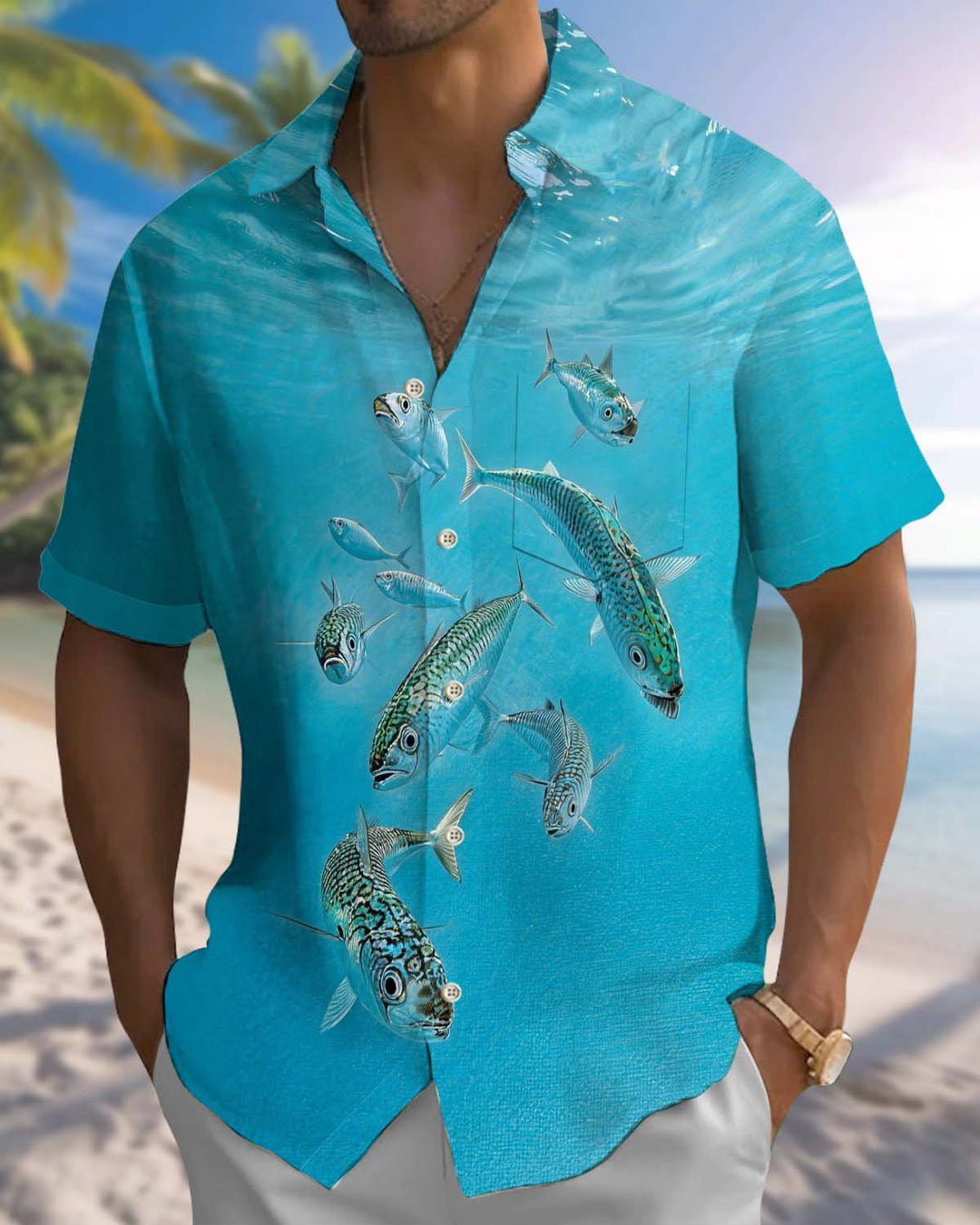 Alohadaddy® Men’s Short-Sleeve Button-Down Shirt with Hawaiian Fish Print and Pocket
