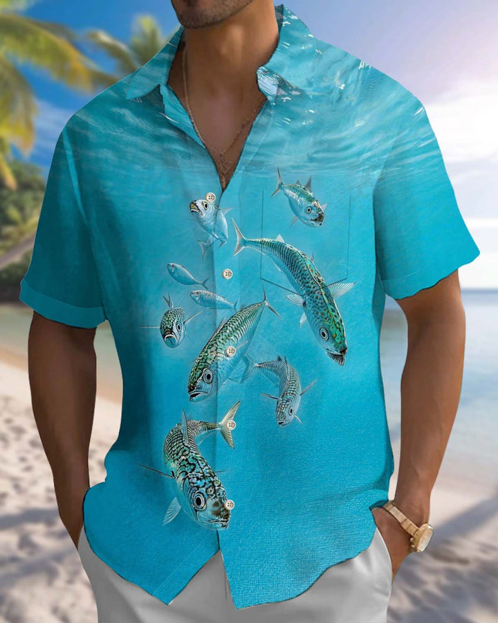 Alohadaddy® Men’s Short-Sleeve Button-Down Shirt with Hawaiian Fish Print and Pocket