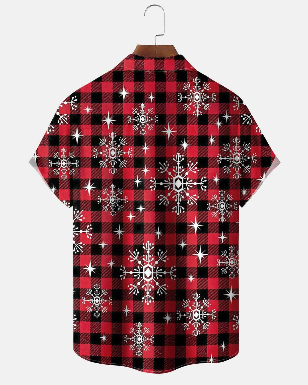 Alohadaddy® Holiday/Christmas Men’s Short-Sleeve Button-Down Shirt  Red Plaid with Snowflake Print, Featuring Pockets