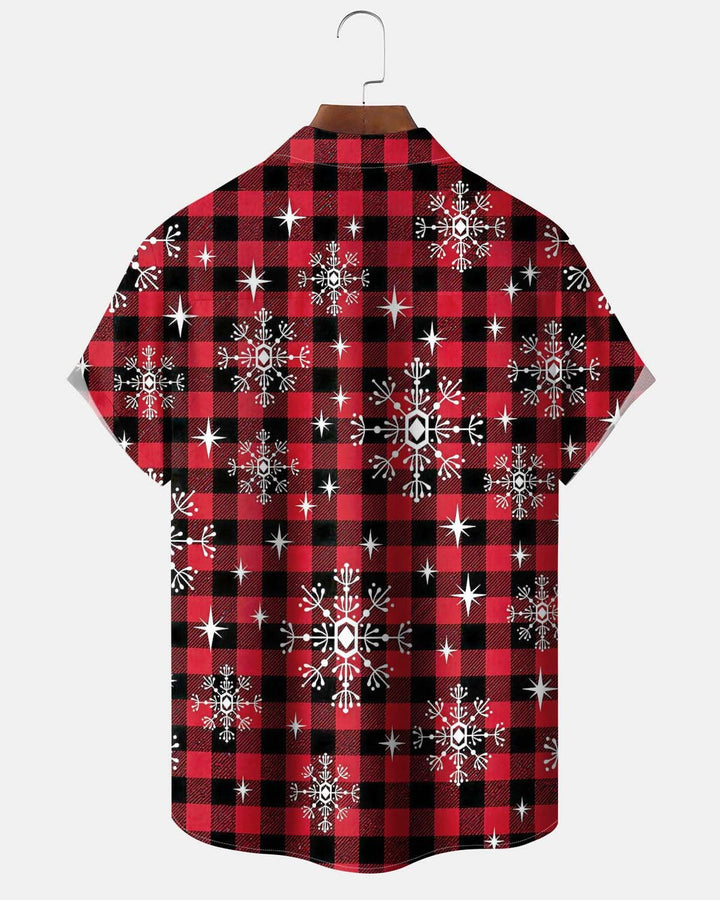 Alohadaddy® Holiday/Christmas Men’s Short-Sleeve Button-Down Shirt  Red Plaid with Snowflake Print, Featuring Pockets