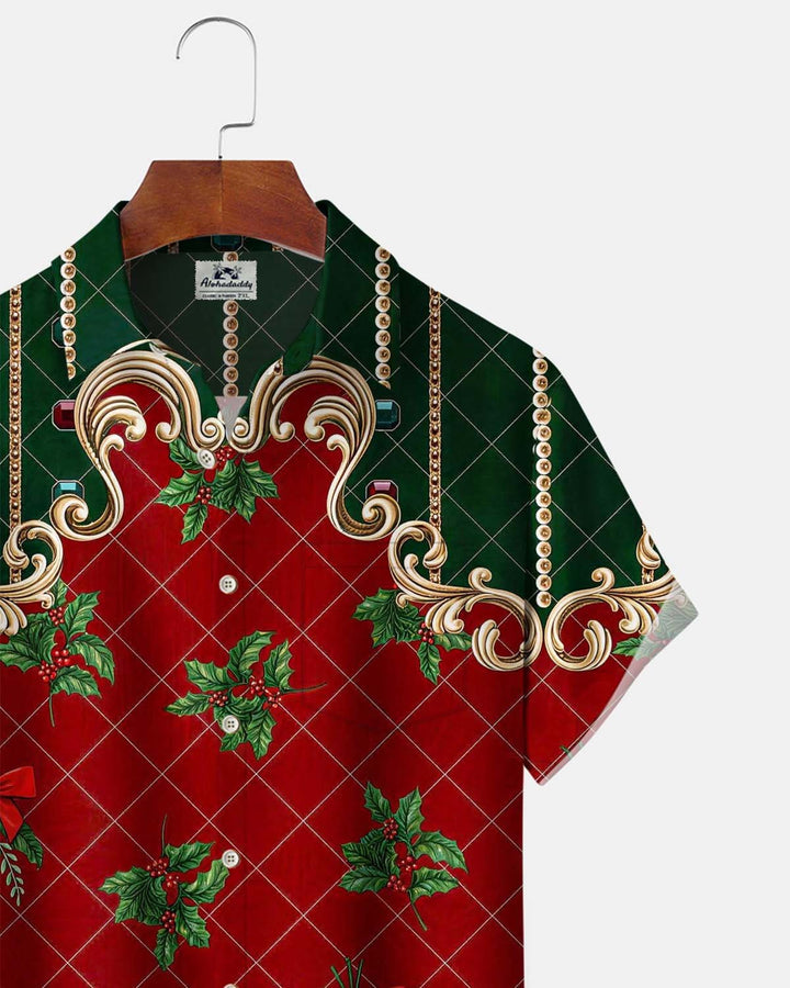 Alohadaddy® Holiday/Christmas-Themed Printed Button-Down Short-Sleeve Shirt for Men with Pocket