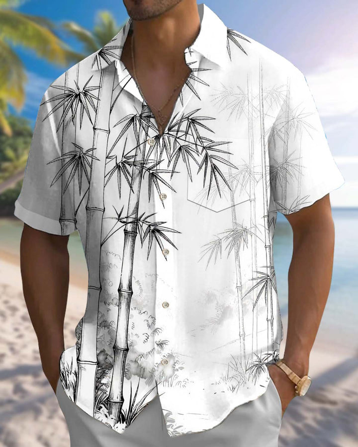 Alohadaddy® Men’s Short-Sleeve Button-Down Shirt with Bamboo Print Featuring a Chest Pocket