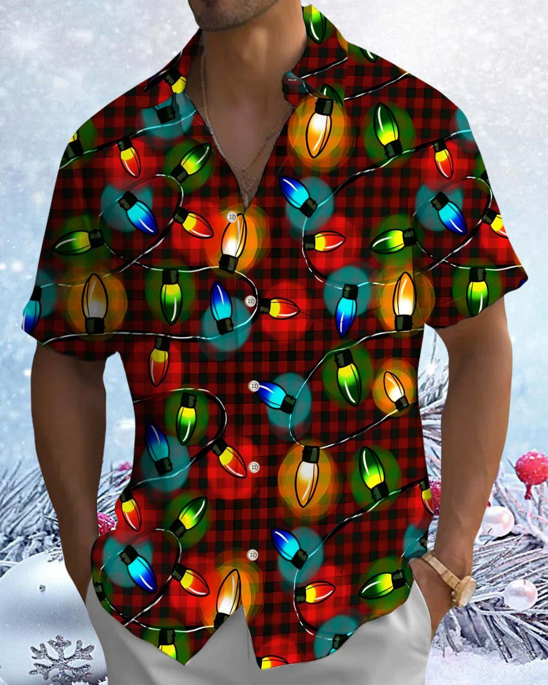Alohadaddy® Holiday Christmas Lights Print Button-Down Short-Sleeve Cardigan Shirt for Men with Pocket
