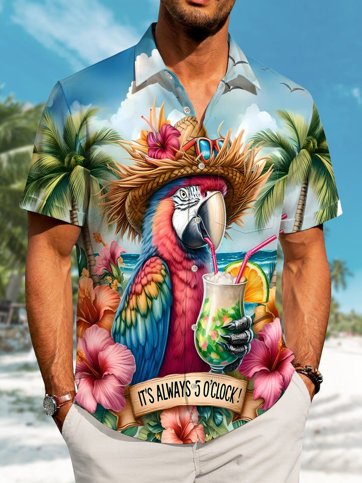Alohadaddy Vacation Hawaii Parrot Print Art Pocket Button Elastic Oversized Shirt