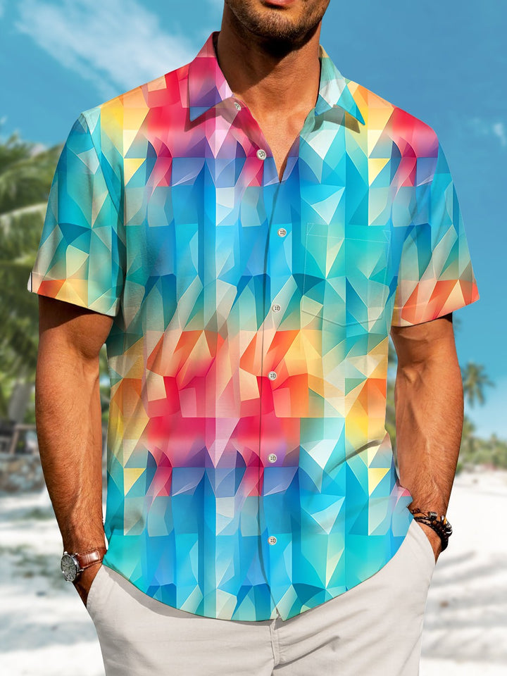 Alohadaddy Hawaiian Geometric Gradient Print Art Pockets Buttons Stretch Oversized Shirt