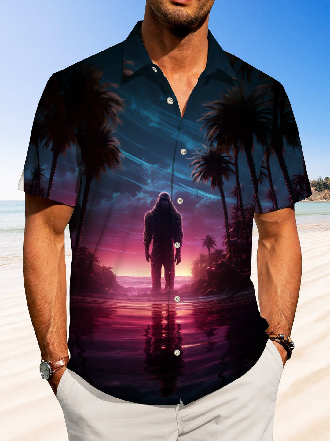 Alohadaddy Hawaii Bigfoot Palm Tree Button Cardigan Pocket Stretch Large Size Short Sleeve Shirt