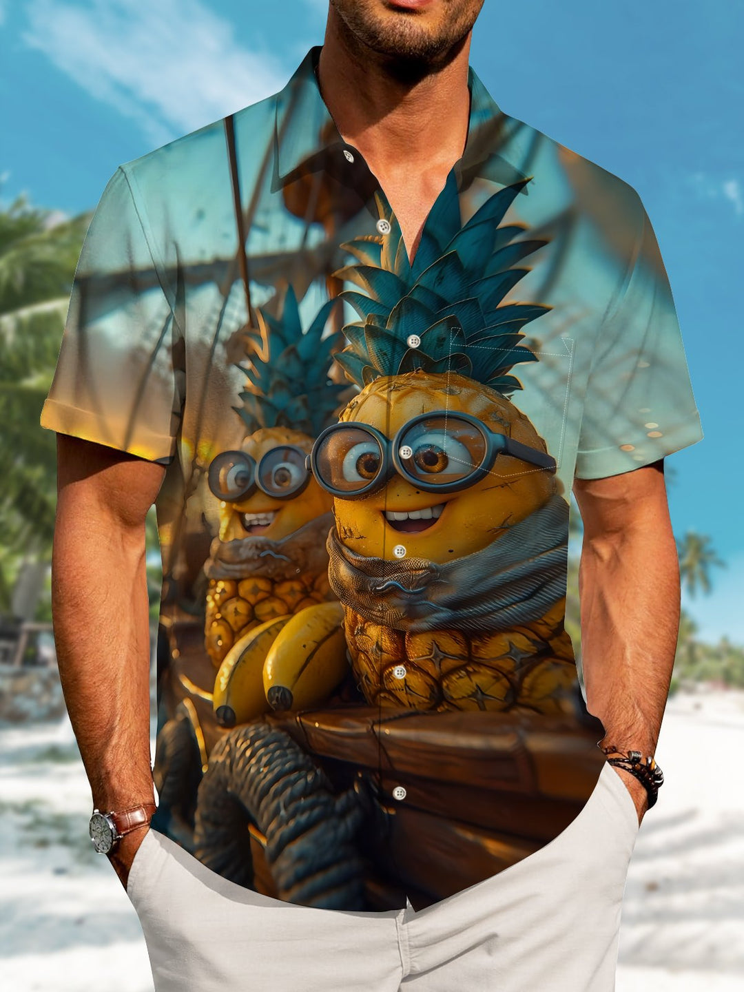 Alohadaddy Hawaiian Casual Pineapple Minions Captain Button Cardigan Pocket Stretch Large Size Polyester Short Sleeve Shirt