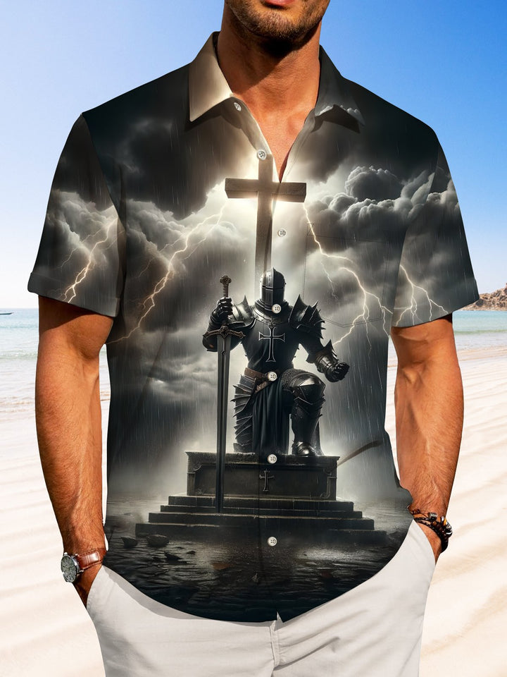 Alohadaddy Holiday Collection Easter Cross Print Art Button Cardigan Pocket Stretch Oversized Short Sleeve Shirt