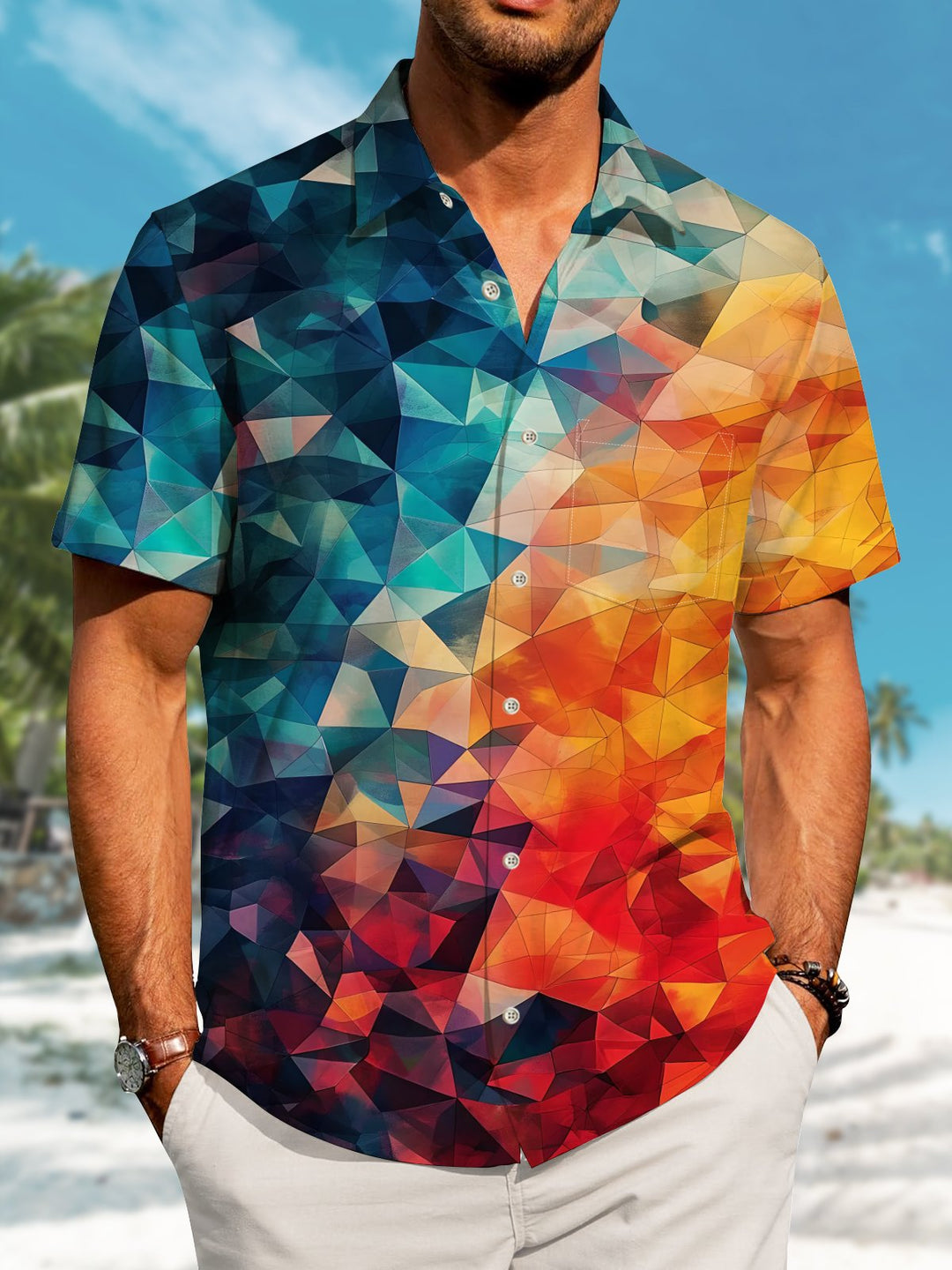 Alohadaddy Hawaiian Geometric Gradient Art Print Buttons Pockets Stretch Large Size Short Sleeve Shirt