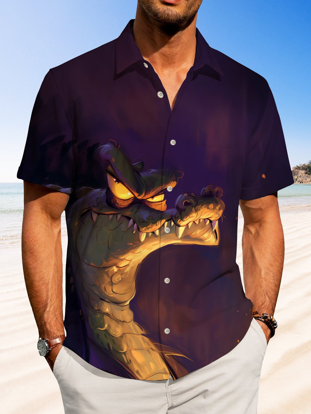 Alohadaddy Casual Crocodile Oil Painting Print Art Button Cardigan Pocket Stretch Large Size Polyester Short Sleeve Shirt