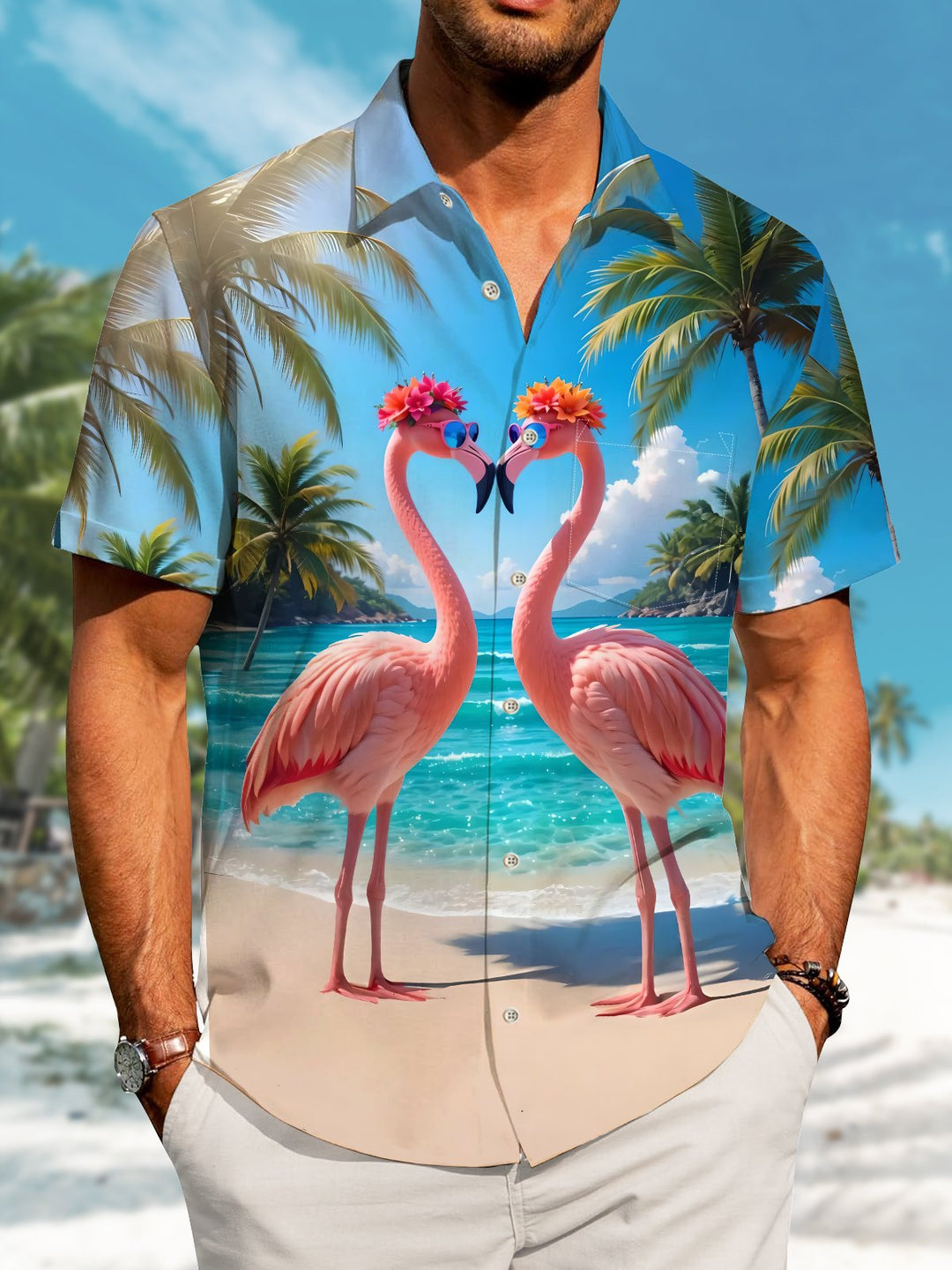Alohadaddy Holiday Collection Hawaiian Flamingo Print Art Button Cardigan Pockets Large Size Long Short Sleeve Polyester Shirt