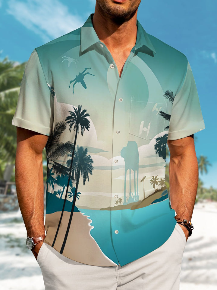 Alohadaddy Hawaii Casual Palm Trees Star Wars Art Drawing Buttons Cardigan Pockets Large Size Long Polyester Short Sleeve Shirt