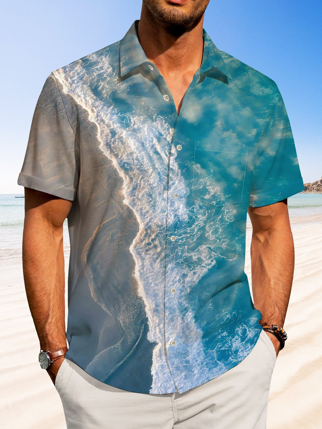 Alohadaddy Hawaiian Wave Gradient Painting Art Button Cardigan Pocket Stretch Large Size Long Short Sleeve Shirt