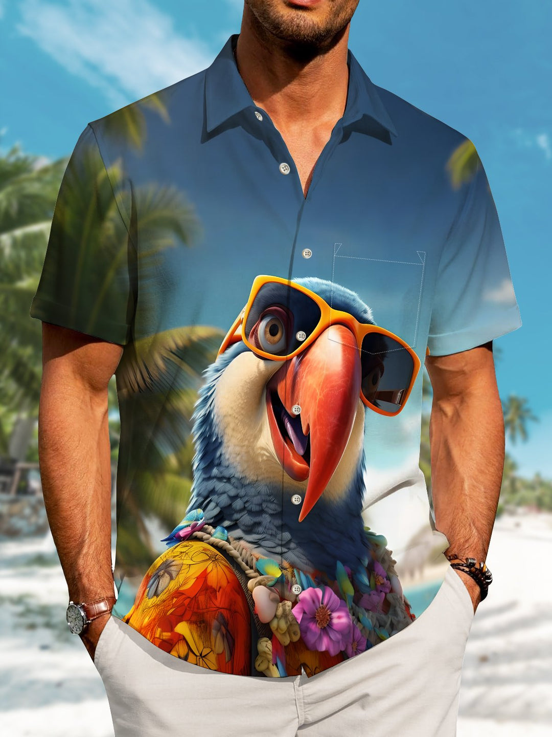 Alohadaddy Hawaiian Parrot Art Print Button Cardigan Pocket Stretch Long Oversized Short Sleeve Shirt