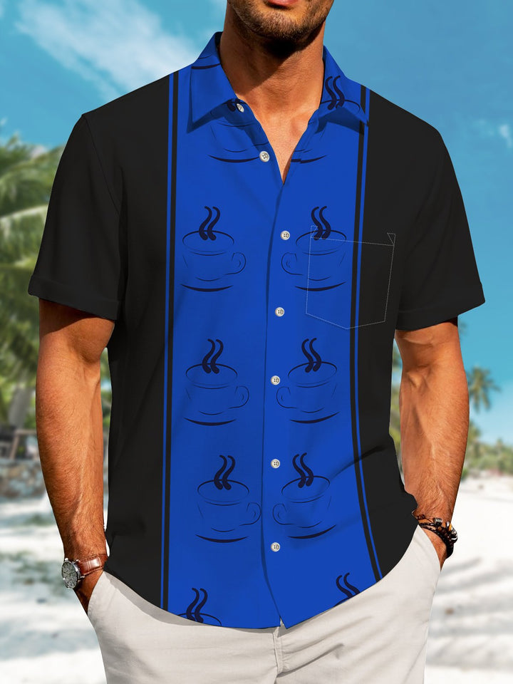 Alohadaddy Casual Contrast Coffee Cup Palm Tree Print Art Button Cardigan Pocket Stretch Large Size Long Short Sleeve Shirt
