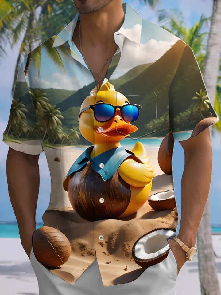 Alohadaddy Casual Everyday Hawaiian Yellow Duck Print Art Stretch Large Size Button Cardigan Polyester Short Sleeve Shirt