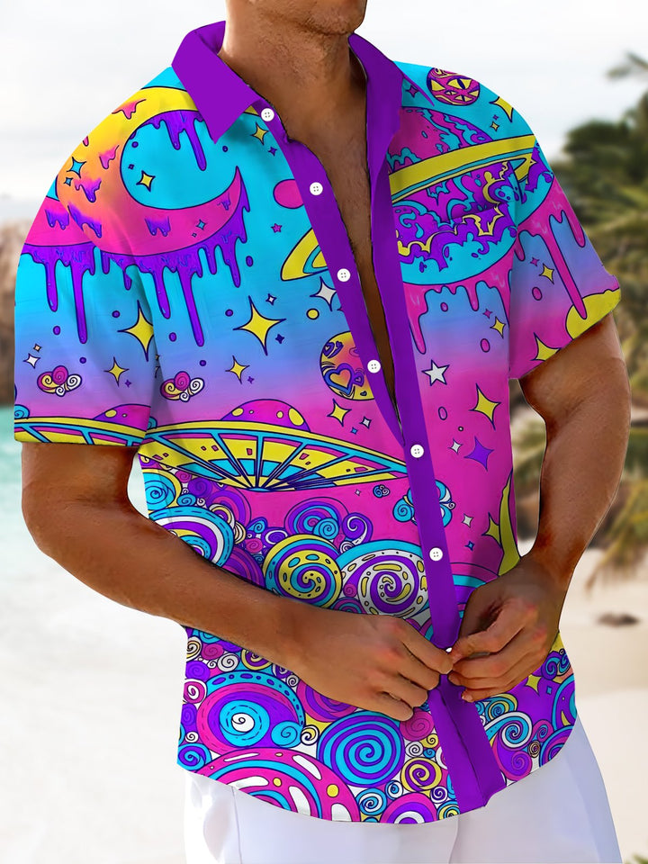 Alohadaddy Casual Collection Everyday Hawaii Graffiti Aerospace Print Art Button Cardigan Pocket Polyester Stretch Short Sleeve Shirt