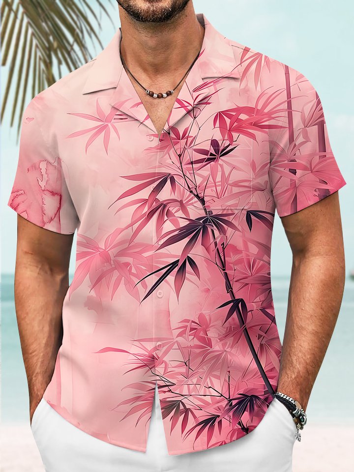 Alohadaddy Hawaiian Vacation Bamboo Asymmetric Print Art Button Cardigan Pocket Polyester Stretch Large Size Long Short Sleeve Shirt