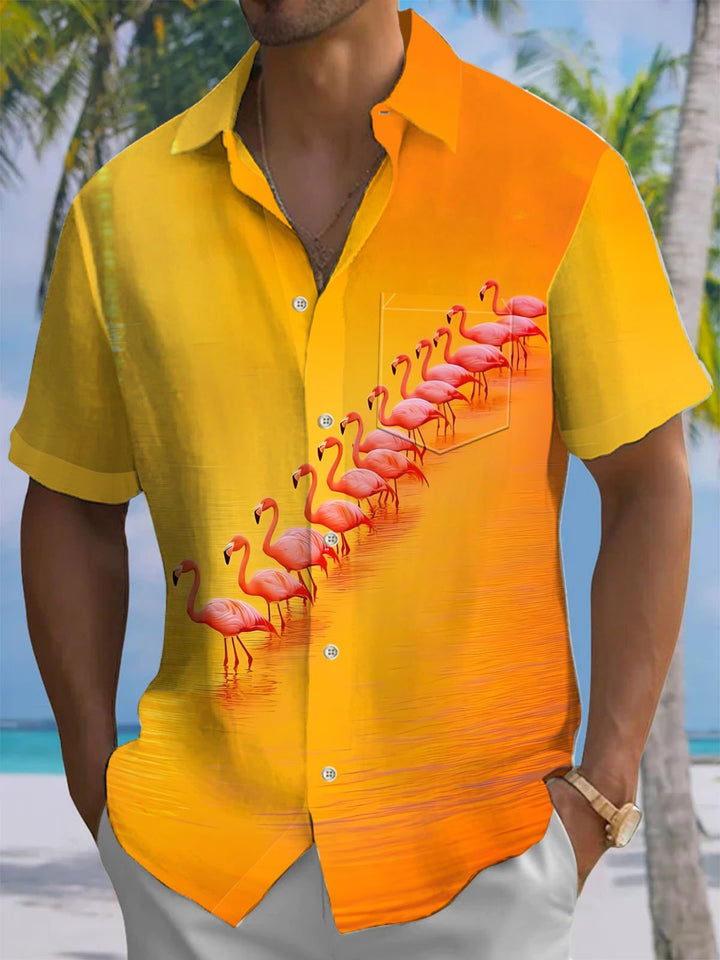 Alohadaddy® Hawaii Flamingo Seaside Print Chest Pocket Men&