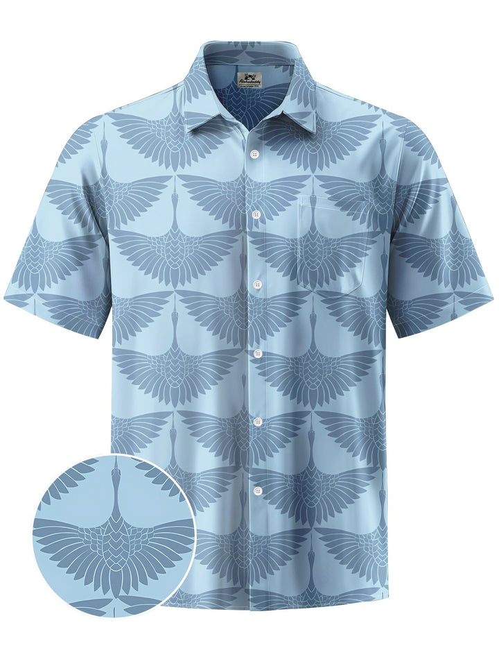 Alohadaddy® Casual Crane Art Print Chest Pocket Moisture Wicking Men&