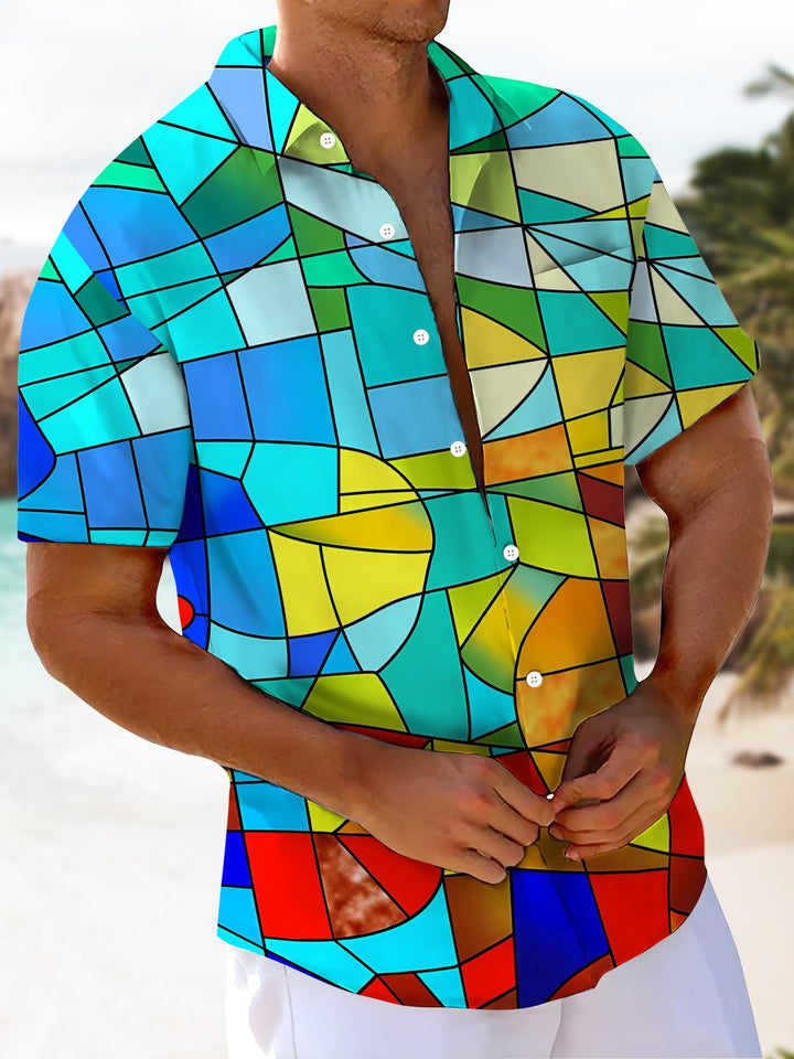 Alohadaddy® Casual Gradient Geometric Art Print Chest Pocket Men&