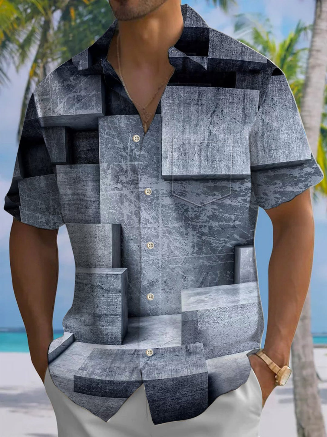 Alohadaddy® Casual Geometric Art Print Chest Pocket Men&