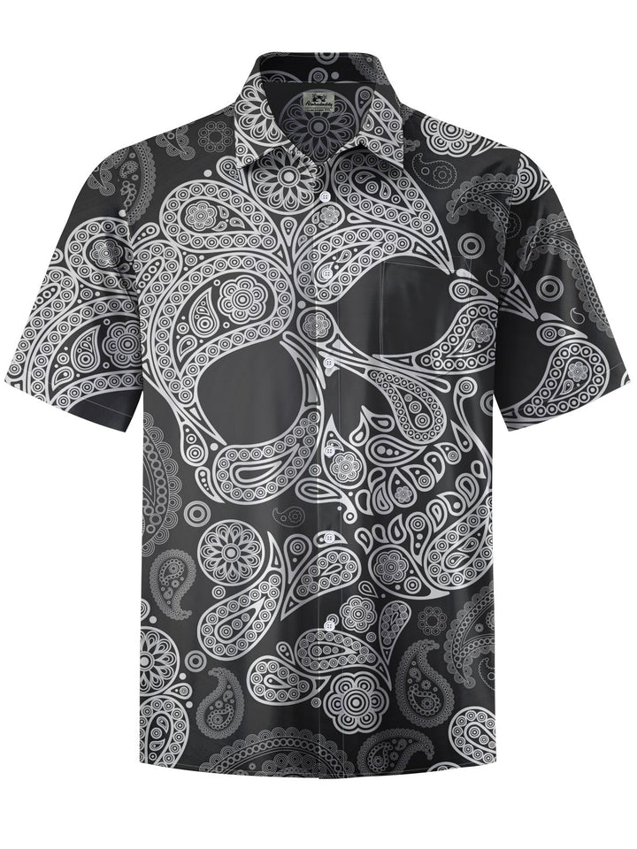 Alohadaddy® Casual Skull Paisley Art Print Chest Pocket Men&