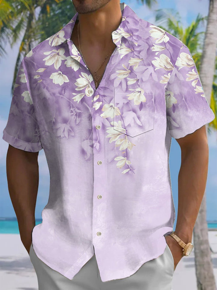 Alohadaddy® Hawaiian Gradient Floral Art Print Chest Pocket Men&