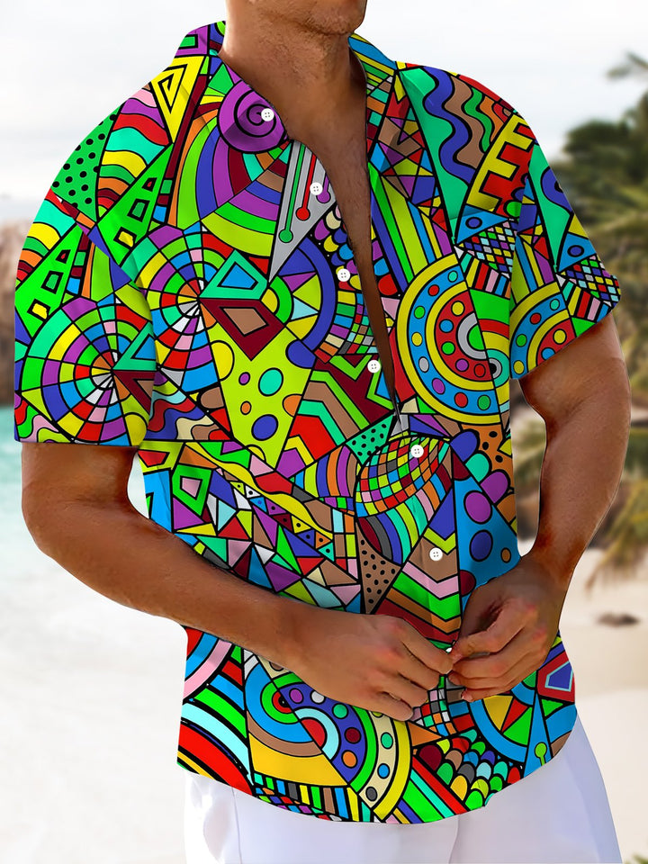 Alohadaddy® Casual Geometric Art Print Chest Pocket Men&