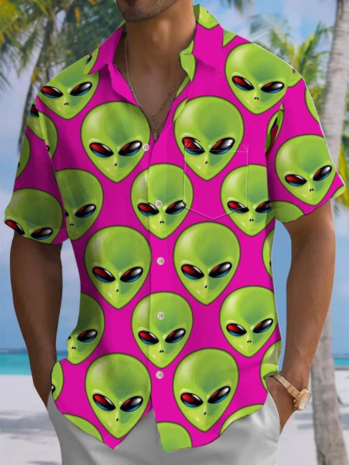 Alohadaddy® Casual Alien Contrast Art Print Chest Pocket Men&