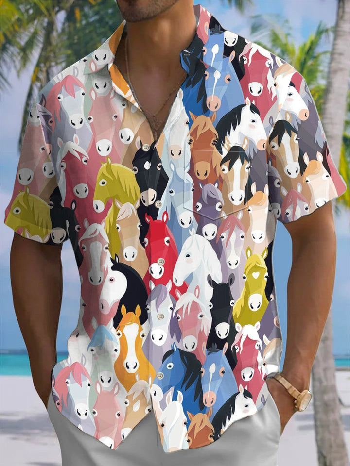 Alohadaddy® Hawaiian Cartoon Horse Print with Chest Pocket for Men&