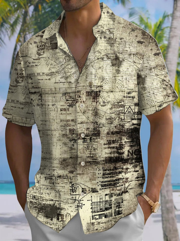 Alohadaddy® Vintage Nautical Art Print Chest Pocket Stretch Men&