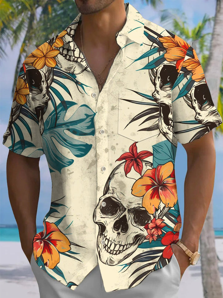 Alohadaddy® Casual Skull Holiday Art Print Chest Pocket Stretch Men&