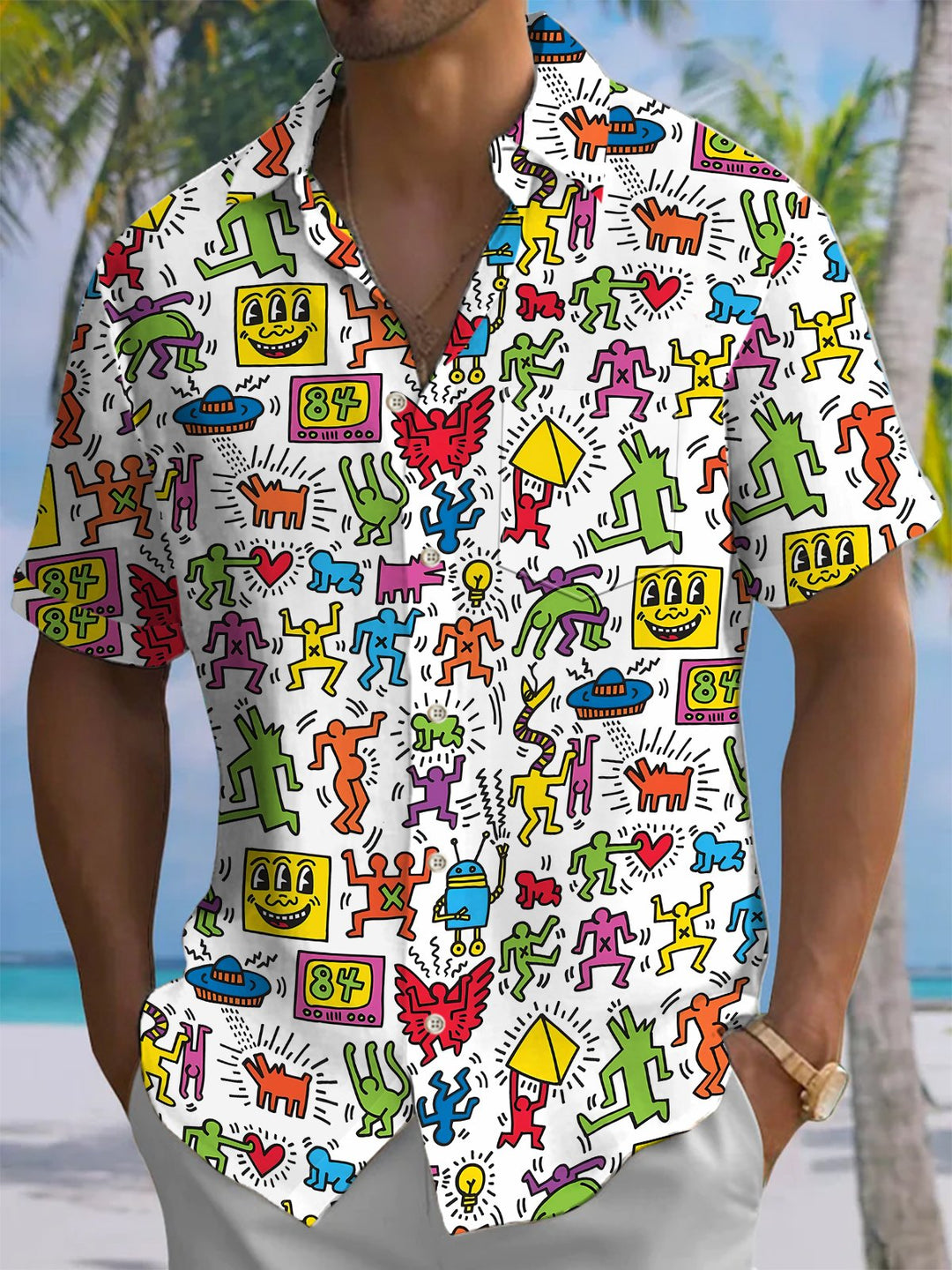 Alohadaddy® Casual Fun Geometric Art Print Chest Pocket Men&