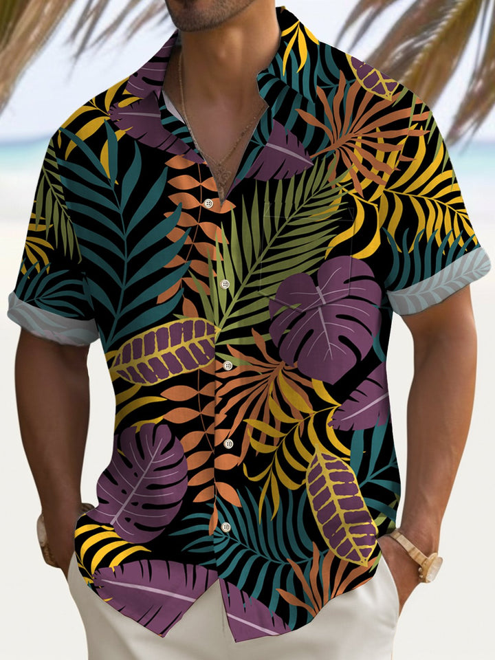Camisa de manga corta con bolsillo abotonado y estampado de hojas de plantas hawaianas para hombre de Alohadaddy