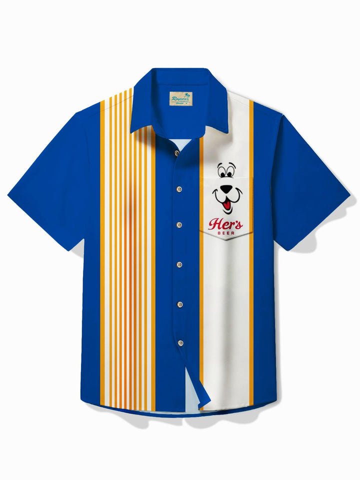 Camisa de manga corta con bolsillo y botones para hombre con estampado de rayas y dibujos animados de cerveza retro Alohadaddy