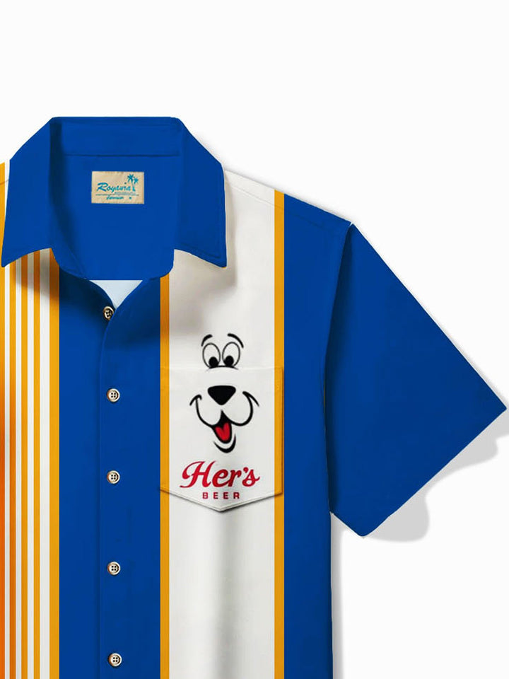 Camisa de manga corta con bolsillo y botones para hombre con estampado de rayas y dibujos animados de cerveza retro Alohadaddy