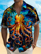 Alohadaddy Hawaiian Octopus Art Oil Painting Print Men's Button Pocket Short Sleeve Shirt