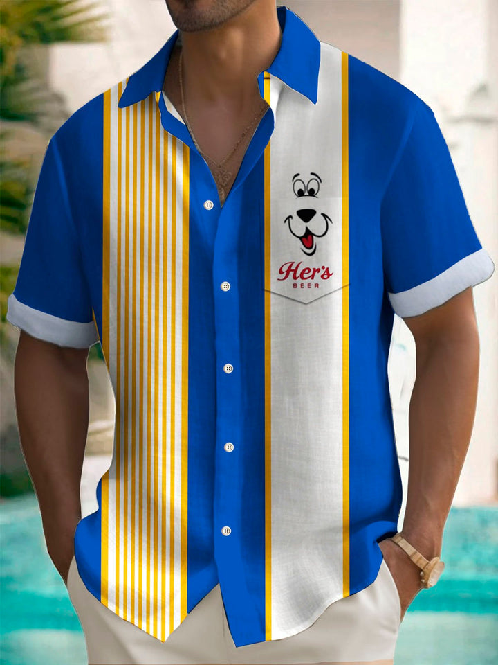Camisa de manga corta con bolsillo y botones para hombre con estampado de rayas y dibujos animados de cerveza retro Alohadaddy