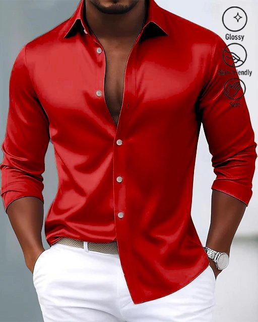 Alohadaddy® Basic Satin Satin Silk Printed Men's Button Pocket Satin Long-Sleeve Dress Shirt Big & Tall