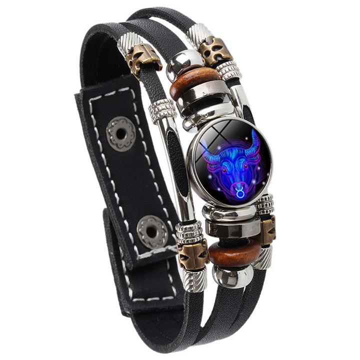 Pulsera de cuero trenzada con hebilla de cuentas de tres capas luminosa con doce constelaciones