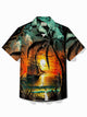Alohadaddy Hawaiian Coconut Tree Sunset Landscape Print Men's Button Pocket Short Sleeve Shirt