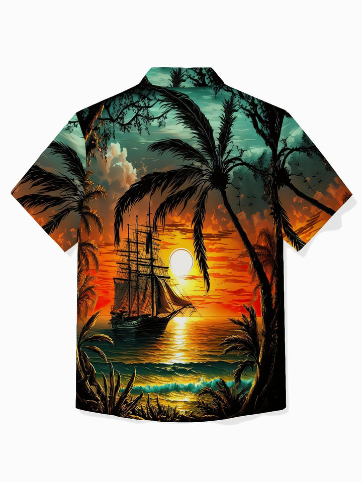Camisa de manga corta con bolsillo abotonado para hombre con estampado de paisaje al atardecer y cocoteros hawaianos de Alohadaddy
