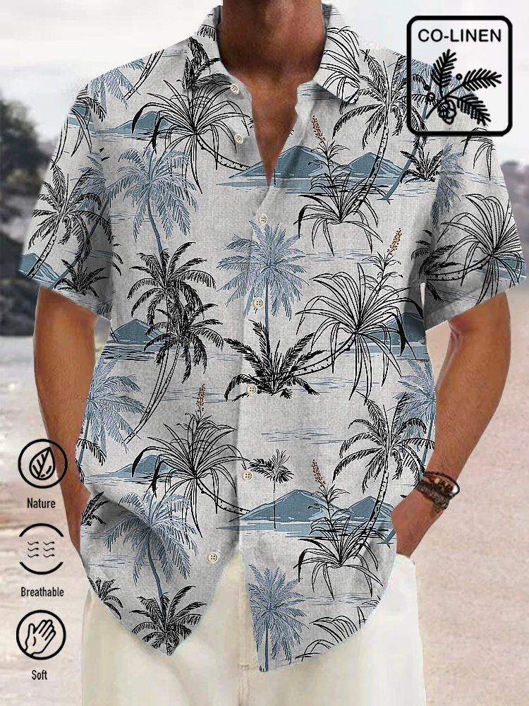 Alohadaddy Linen Hawaiian Coconut Tree Blue Print Chest Bag Shirt Plus Size Holiday Shirt