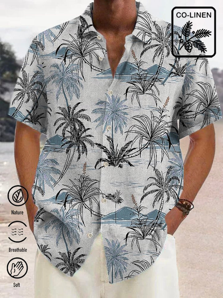 Alohadaddy Linen Hawaiian Coconut Tree Blue Print Chest Bag Shirt Plus Size Holiday Shirt