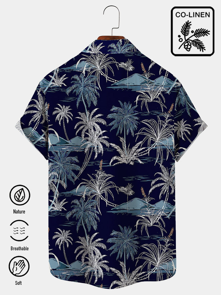 Alohadaddy Linen Hawaiian Coconut Tree Blue Print Chest Bag Shirt Plus Size Holiday Shirt