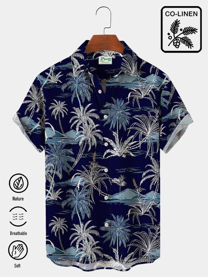 Alohadaddy Linen Hawaiian Coconut Tree Blue Print Chest Bag Shirt Plus Size Holiday Shirt